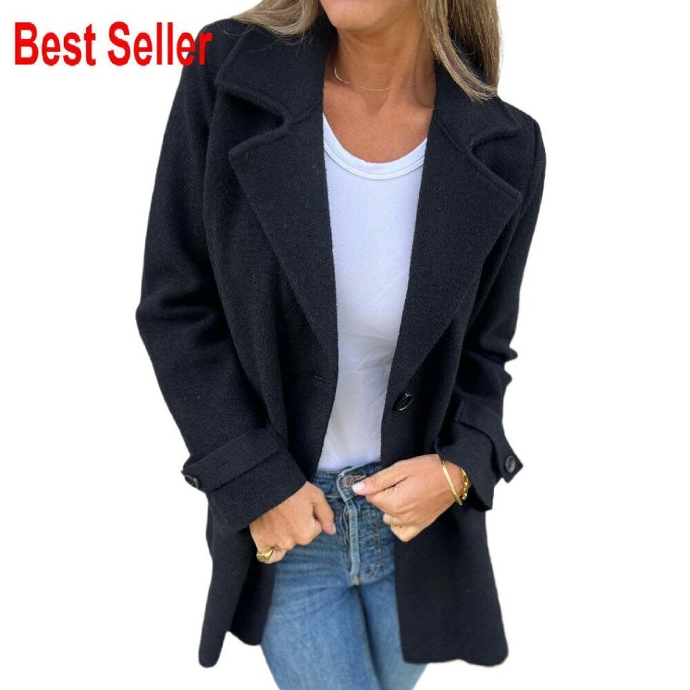 Wool Peacoat Classic Mid Length Trench Coat Blazer Jacket Elegant Chic